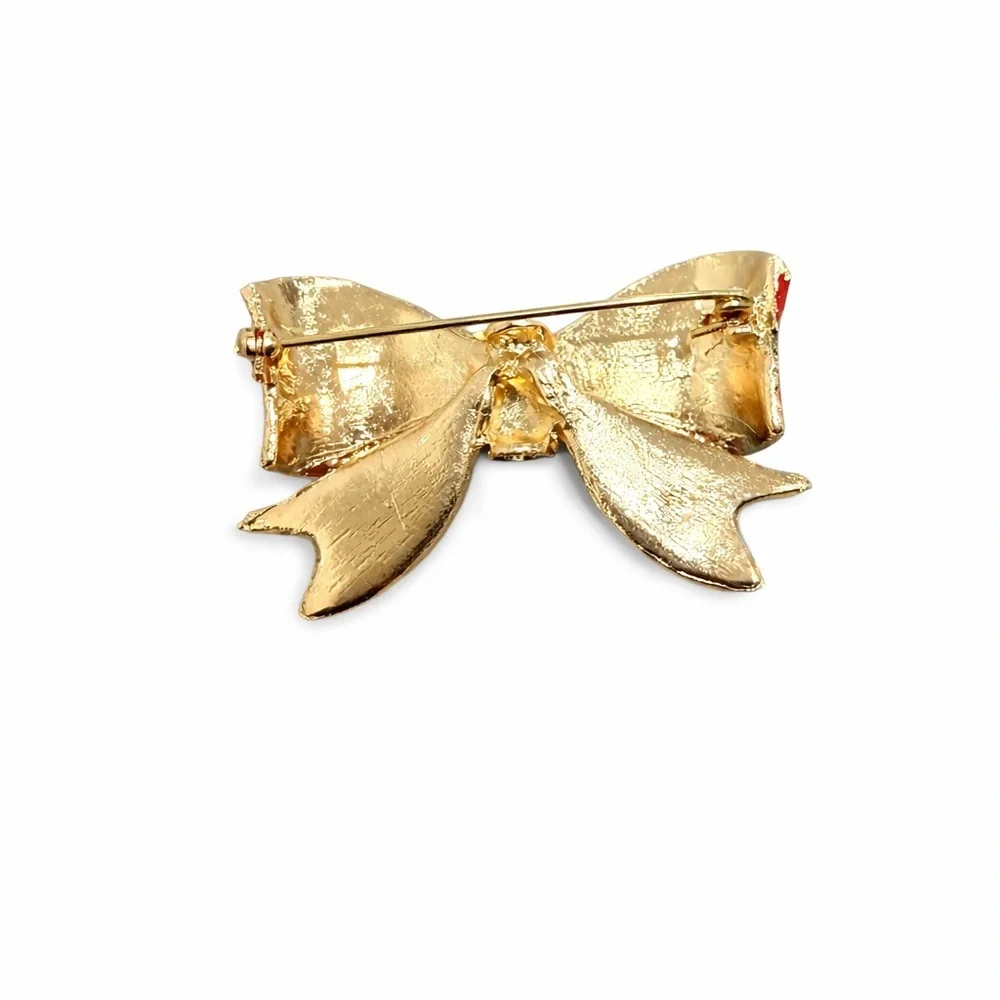 Christmas Plaid Bow Brooch Rhinestone Gold Tone Holiday Lapel Pin Red Green